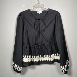 Bohme Black Cotton Peplum Blouse Medium Boho Tie Front Embroidered Top